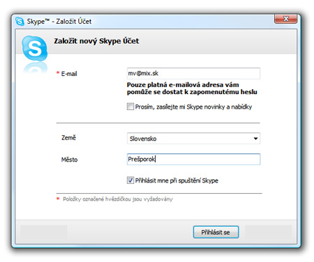Skype, nový účet - e-mail